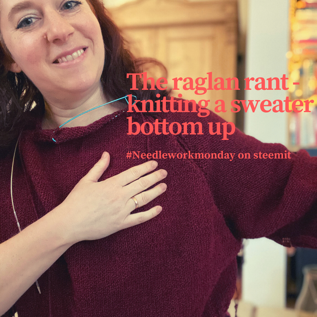 woman showing her half finished hand knitted sweater