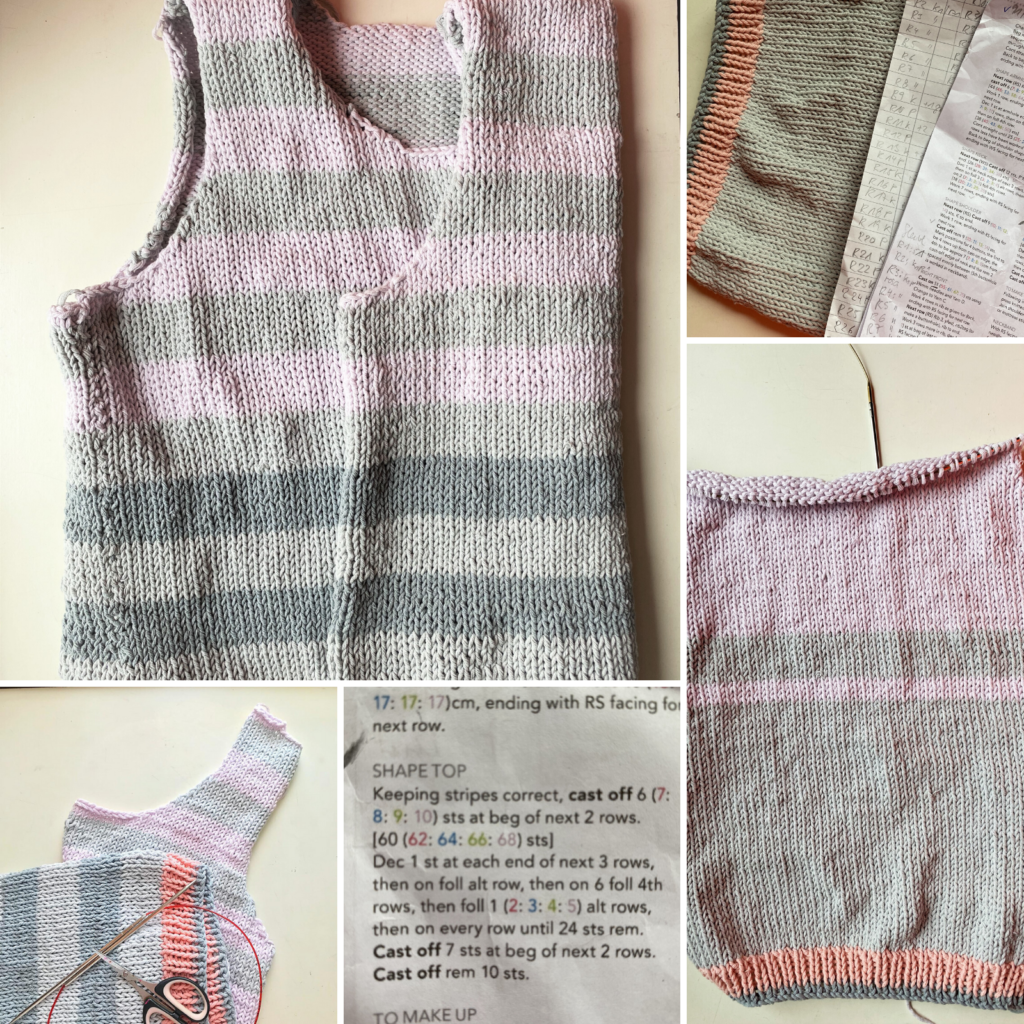 several photos of the unfinished knitted broadwalk cardigan in pastel hues