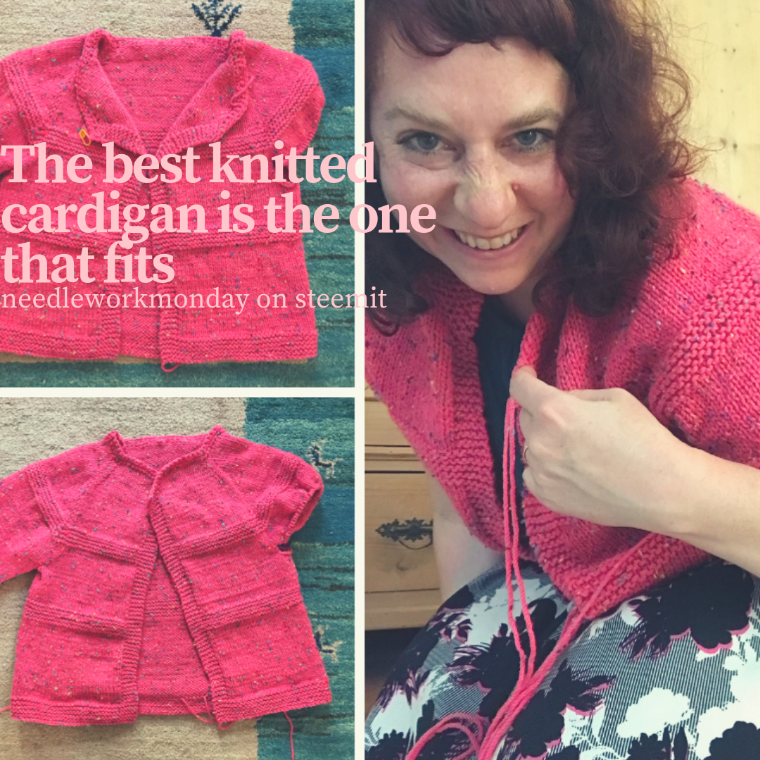 hand knitted pink cardigan with crochet neckline