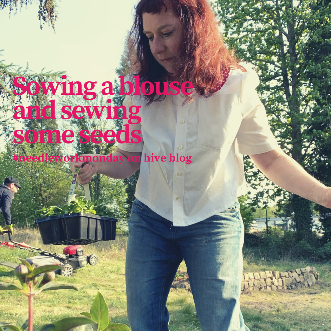 A woman wearing a refashioned mens shirt while planting flowers