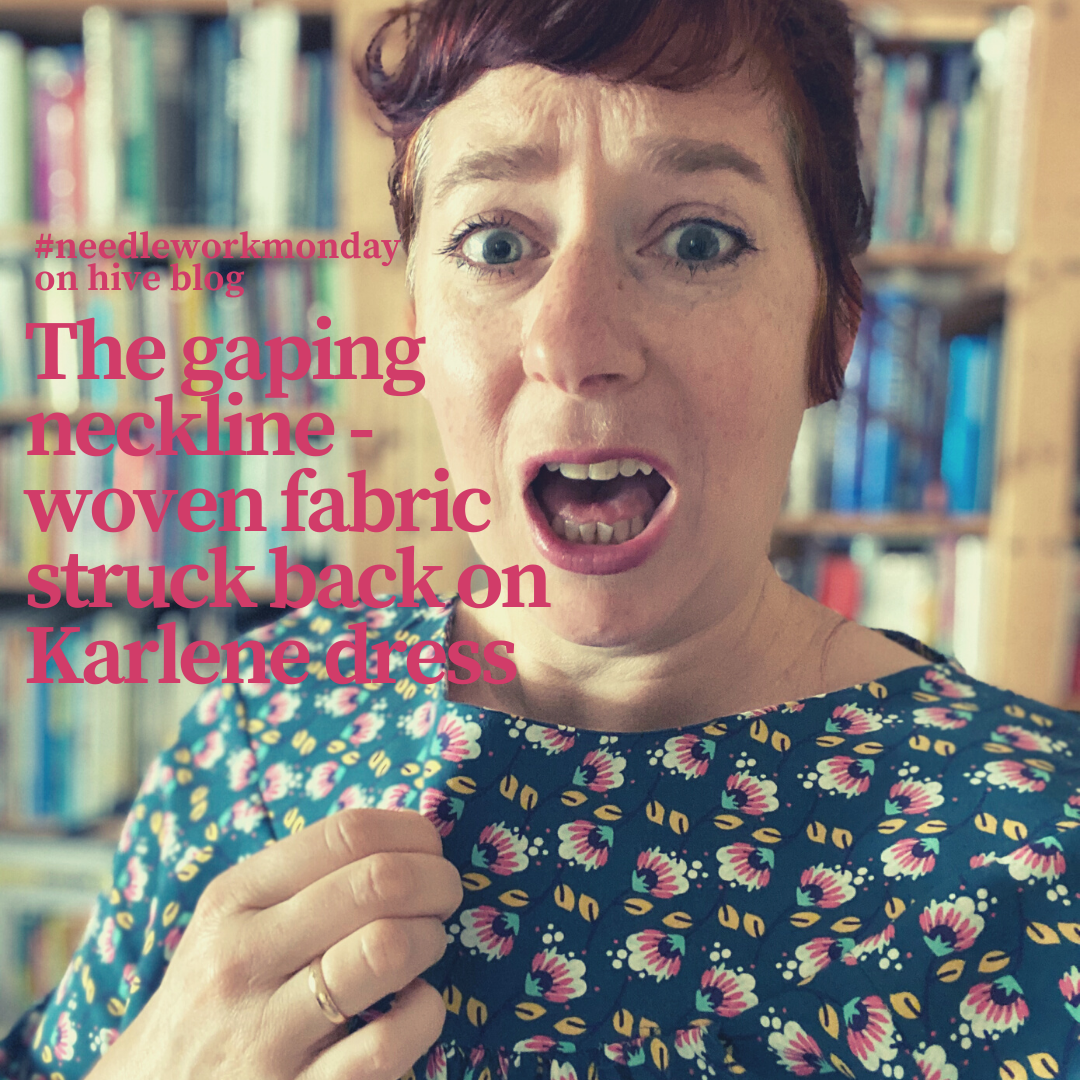 Simone wearing Karlene blouse with a funny face showing her sewing mistake