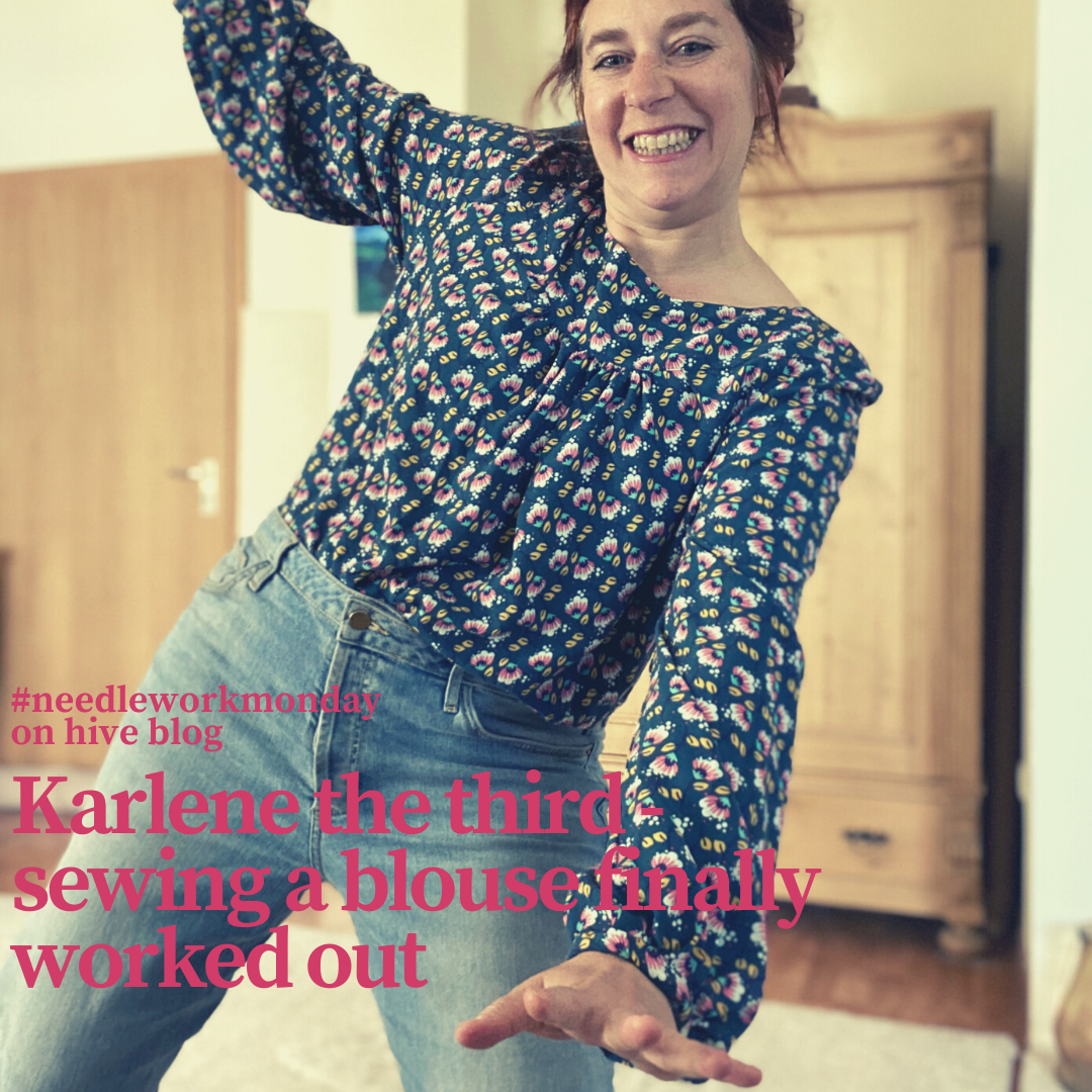 Simone wearing the finished Karlene blouse and making a happy dance